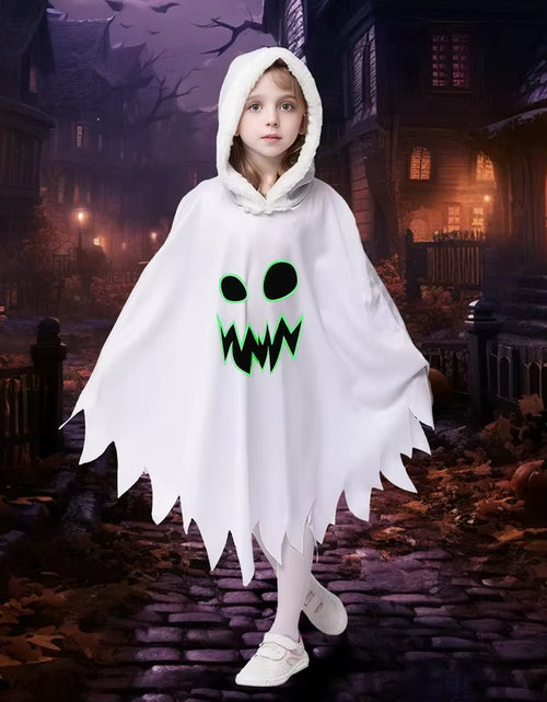 Load image into Gallery viewer, Halloween White Ghost Costume for Girls Glow in the Dark Cloak with Hood Children Elf Cosplay Cape for Party
