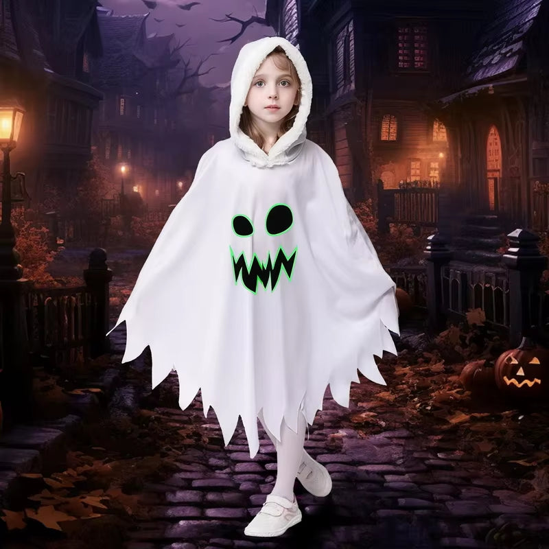 Halloween White Ghost Costume for Girls Glow in the Dark Cloak with Hood Children Elf Cosplay Cape for Party