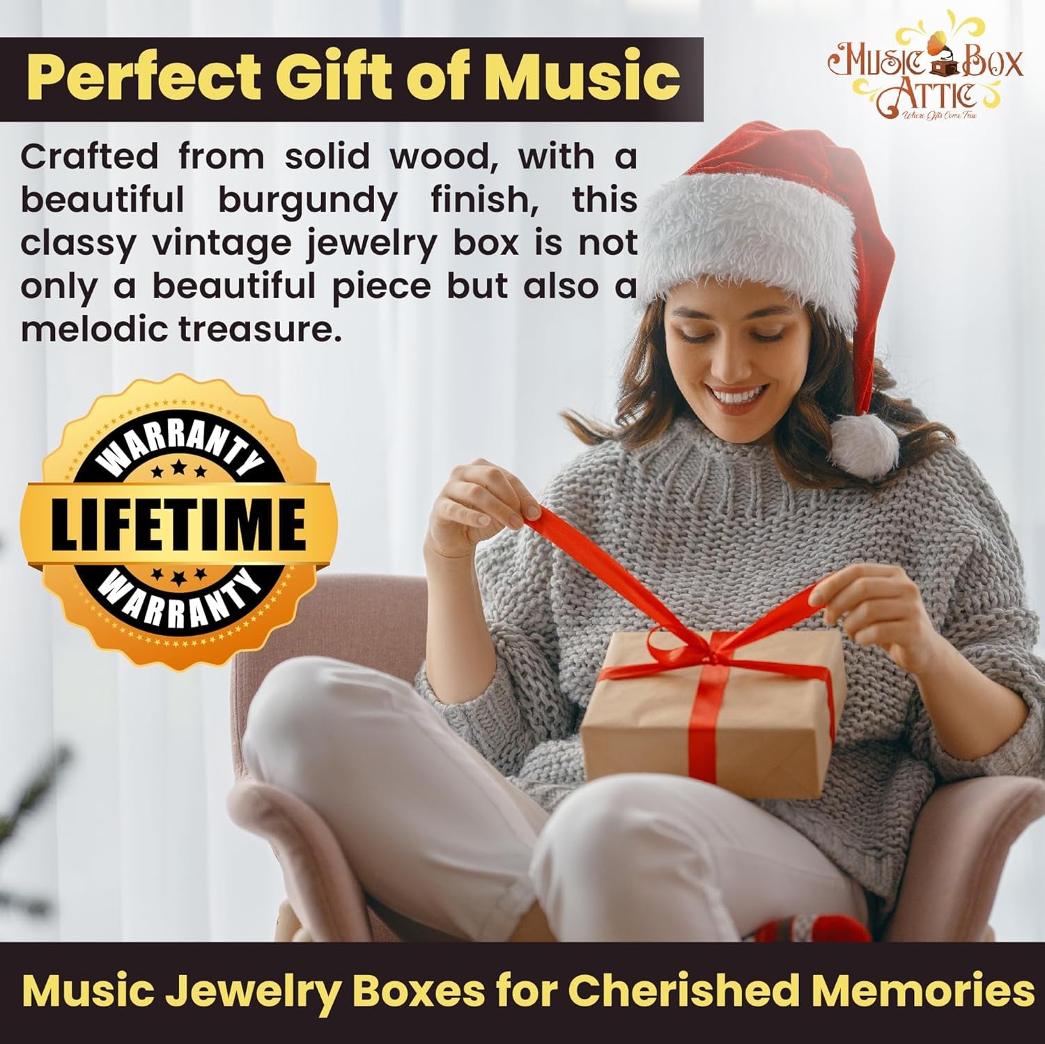 Stunning Burgundy Beveled Top Music Jewelry Box with Artistic Floral Motif- Many Songs to Choose