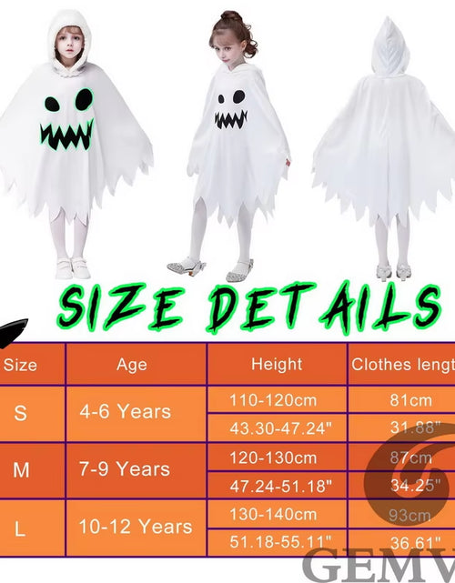 Load image into Gallery viewer, Halloween White Ghost Costume for Girls Glow in the Dark Cloak with Hood Children Elf Cosplay Cape for Party
