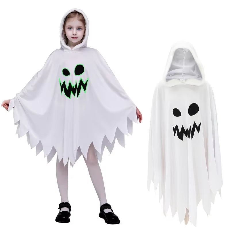 Halloween White Ghost Costume for Girls Glow in the Dark Cloak with Hood Children Elf Cosplay Cape for Party