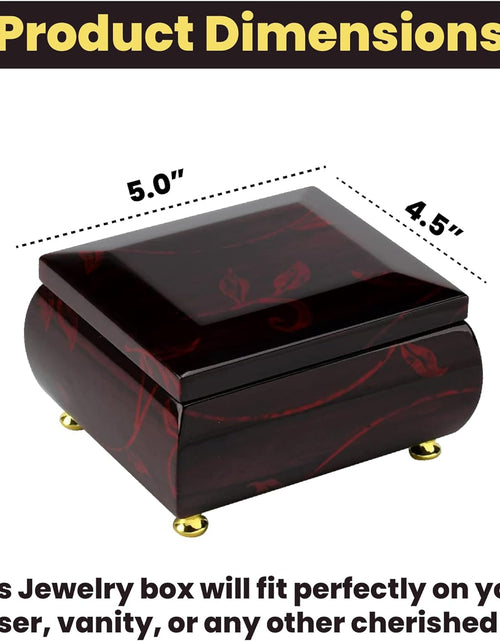 Load image into Gallery viewer, Stunning Burgundy Beveled Top Music Jewelry Box with Artistic Floral Motif- Many Songs to Choose
