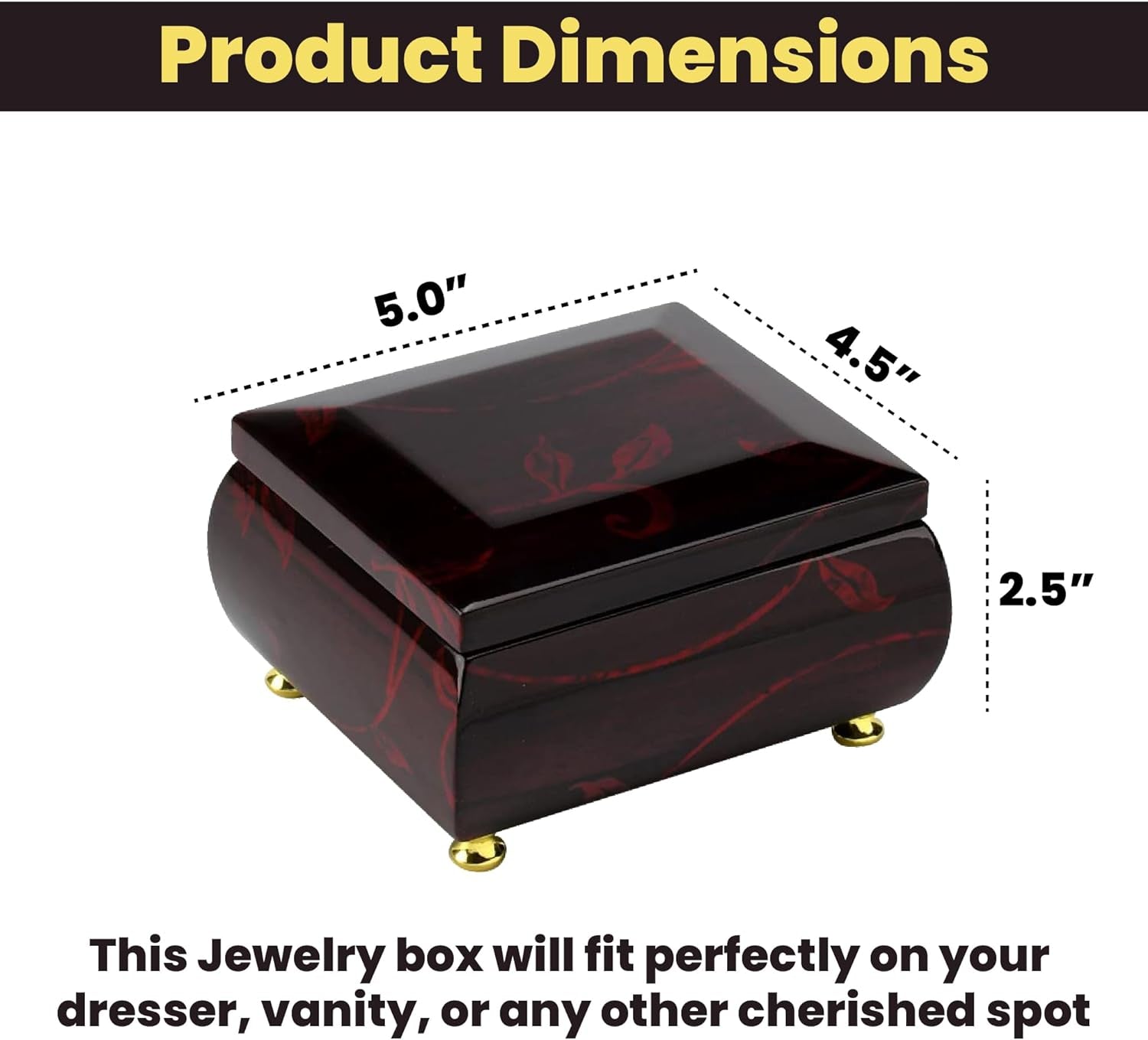 Stunning Burgundy Beveled Top Music Jewelry Box with Artistic Floral Motif- Many Songs to Choose