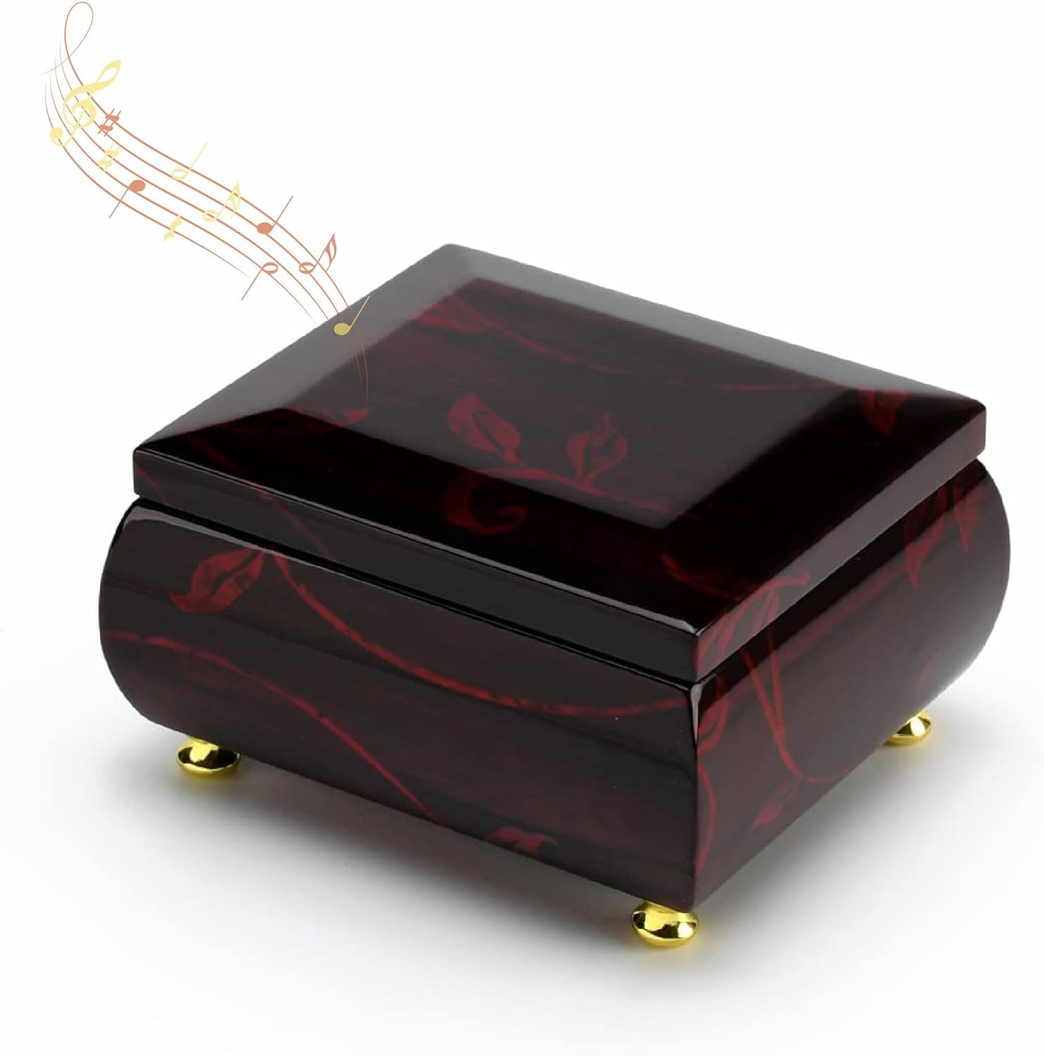 Stunning Burgundy Beveled Top Music Jewelry Box with Artistic Floral Motif- Many Songs to Choose