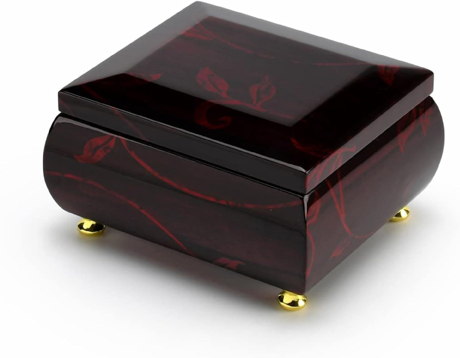 Stunning Burgundy Beveled Top Music Jewelry Box with Artistic Floral Motif- Many Songs to Choose